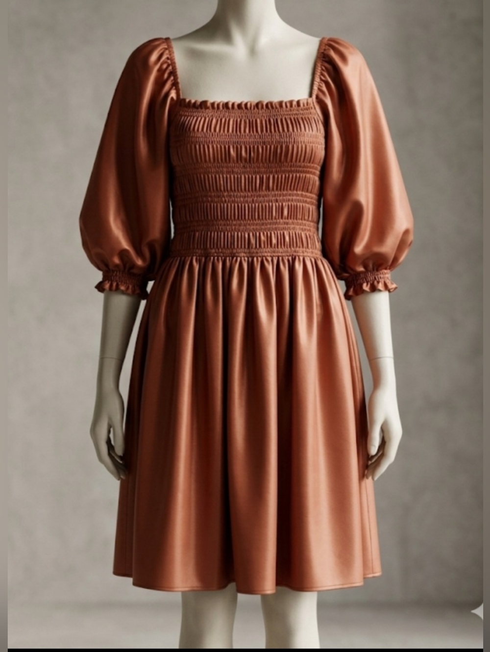 Smocked Puff-Sleeve Mini Dress in Rust Brown